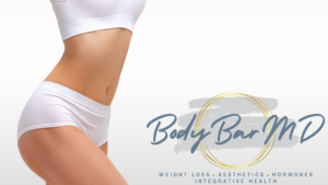 Close-up of a woman’s toned abdomen and hips, symbolizing body contouring and aesthetic treatments. The Body Bar MD logo is visible, emphasizing the clinic’s focus on weight loss, aesthetics, hormones, and integrative health.