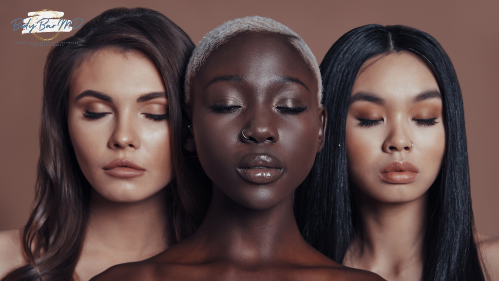 Three women with glowing, flawless skin and closed eyes, representing beauty and diversity in skincare