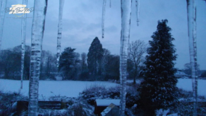 Icicles hanging against a backdrop of snow-covered trees and a serene winter landscape.