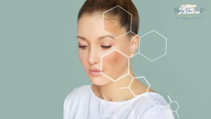 A woman with clear skin and hexagonal graphics overlay, symbolizing advanced skin treatments and rejuvenation.