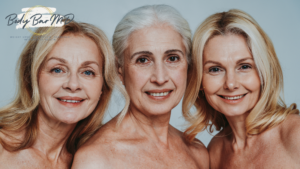 Three mature women smiling confidently, showcasing natural beauty and healthy skin as they age gracefully.